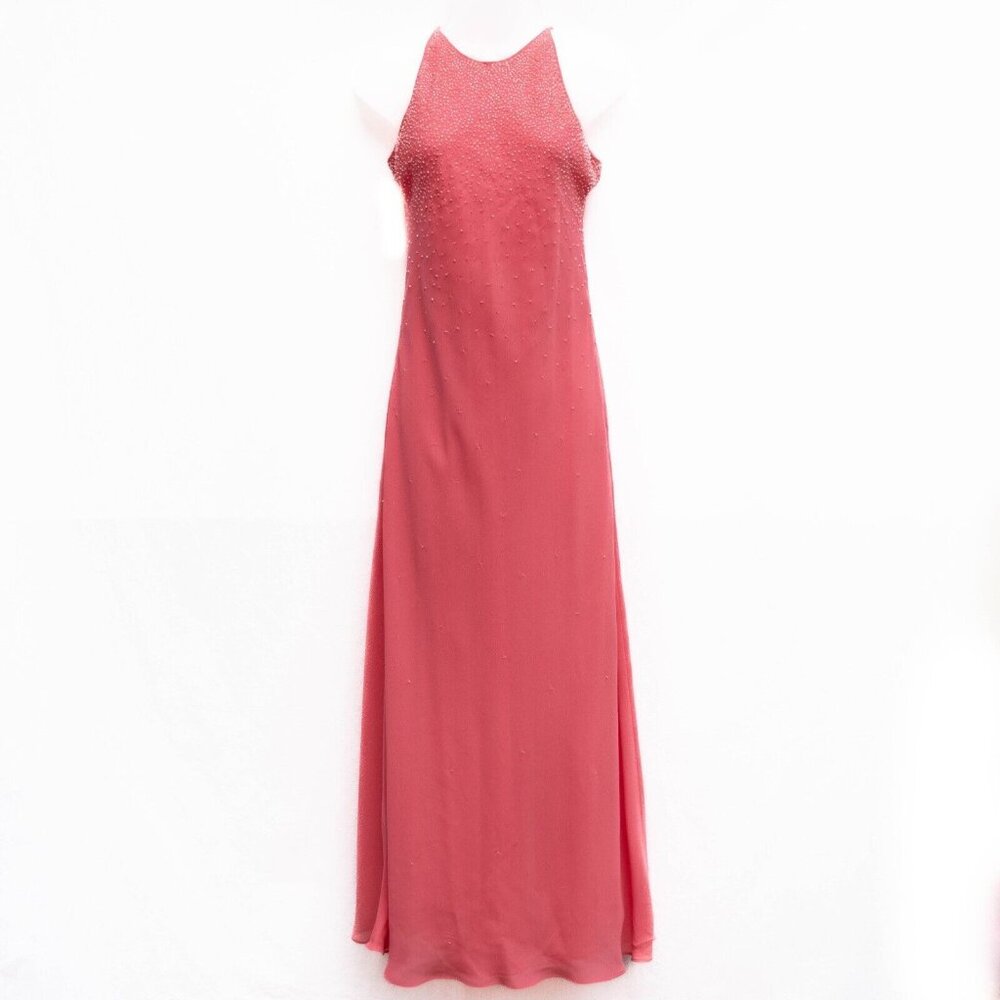 Vtg 90s Chelsea Nites‎ Slip Dress 8 Beaded Salmon Pink Spaghetti Straps Gown Y2K